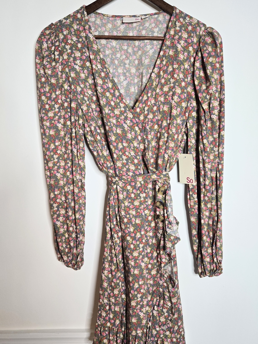 SO Faux Wrap Floral Mini Dress Peasant Sleeve Cottagecore Pink & Green Women L